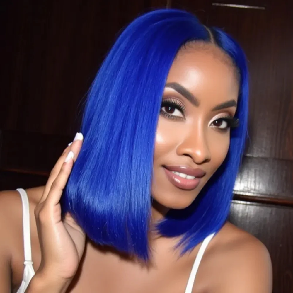 

Синий Цвет Прямой Боб Парик Человеческие Волосы 13x4 Прозрачные Парики Фронта Шнурка Человеческие Волосы 200% Плотность Предварительно Сорванные Для Женщин