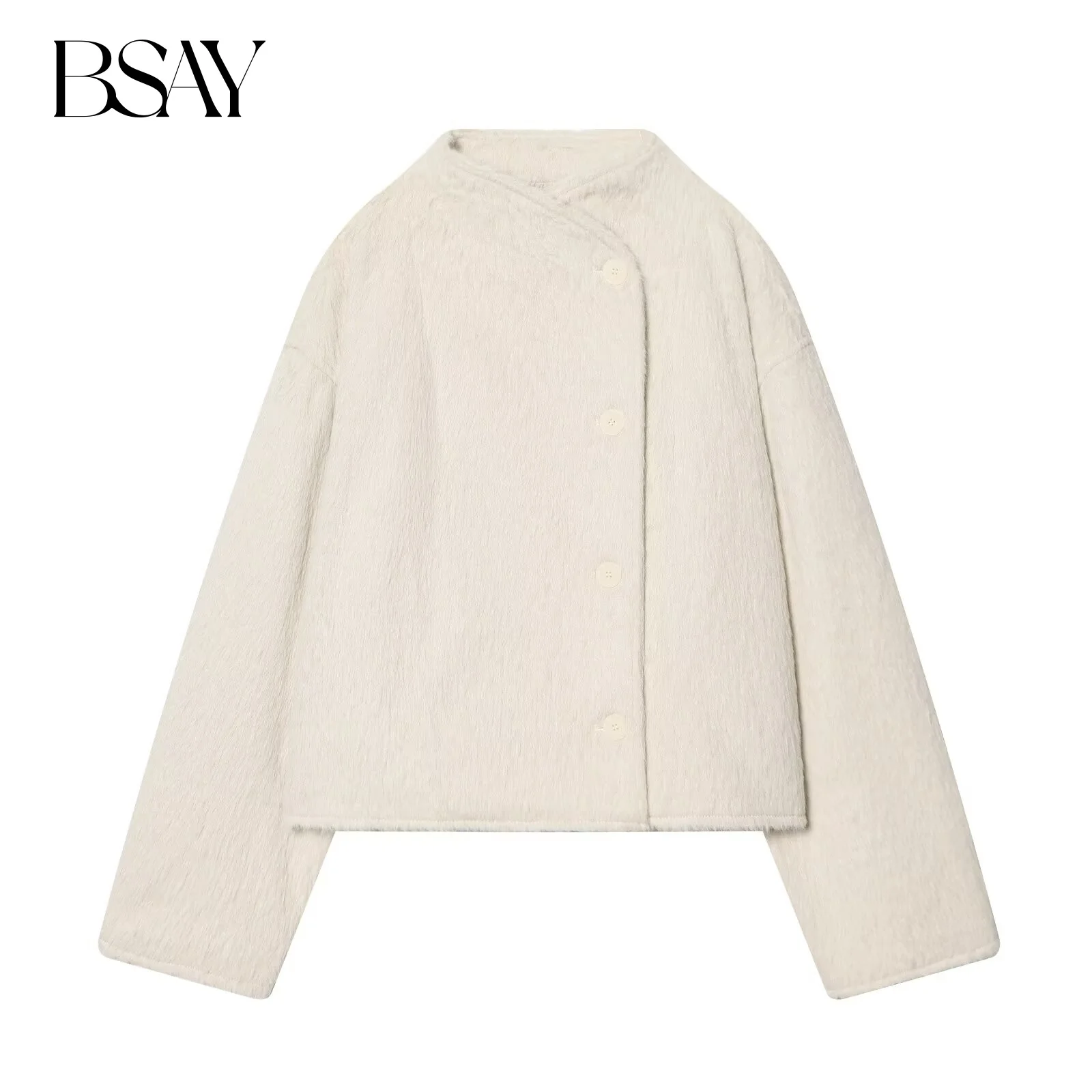 

BSAY Plush Jacket for Women Fashion Autumn Winter New Solid Color Long Sleeve Single Breasted Round Neck Short Jackets Coat