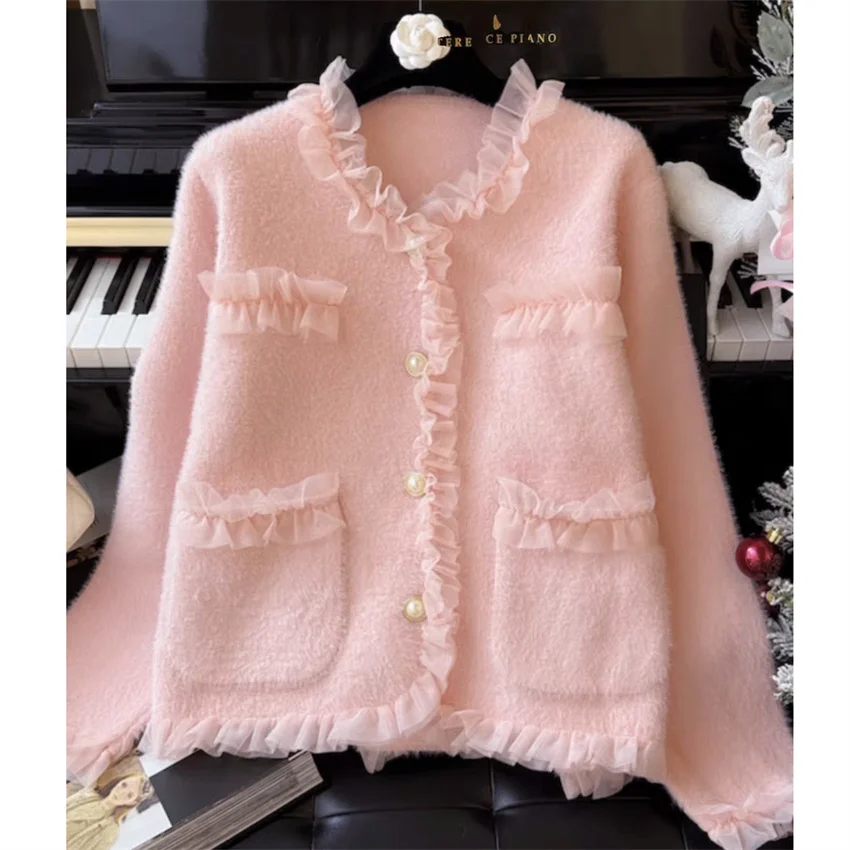 

Новинка 2023 года, осенне-зимние женские куртки с имитацией норкового меха, тонкое женское кружевное пальто, элегантный женский кардиган с длинными рукавами, верхняя одежда WZ2525