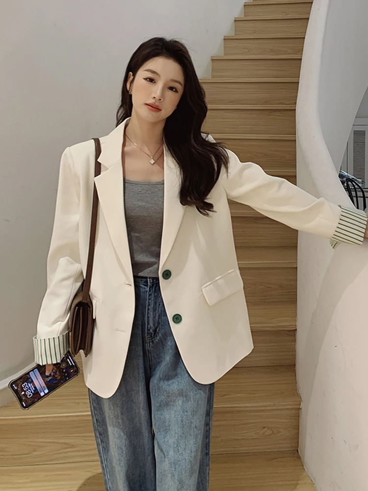 LANMREM Office Lady Striped Patchwork Blazer Women's Notched Single Breatsed Contrast Color Split Coat 2024 Autumn New 2Z2479