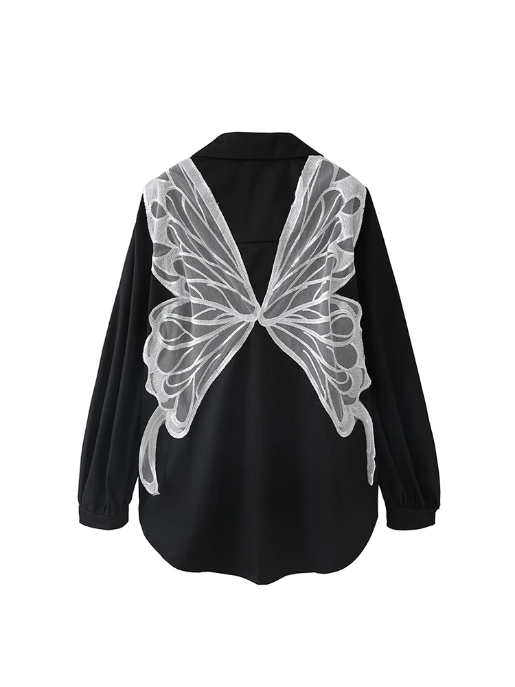 

French Elegance Black Blouses Women Turn-Down Collar Top Korean Office Lady Sweet Bufferfly Spliced Gothic Shirts High Street