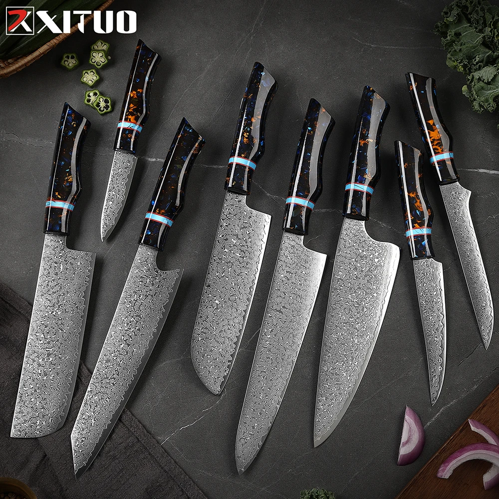 

XITUO 1-8pcs Damascus Kitchen Knife Set Super sharp Chef knife high carbon steel blade Santoku Boning Knife Cooking Knives