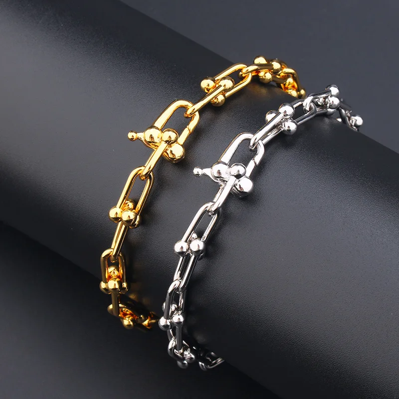 Europe America Classic Simple Style Men Women Lady Plated Gold Color U Shape Chain Bracelet 2 Color