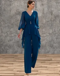 Mother of the Groom Dresses V-Neck Half Sleeves Jumpsuit Ruffles Floor-Length Guest Dresses For Wedding Party Dress