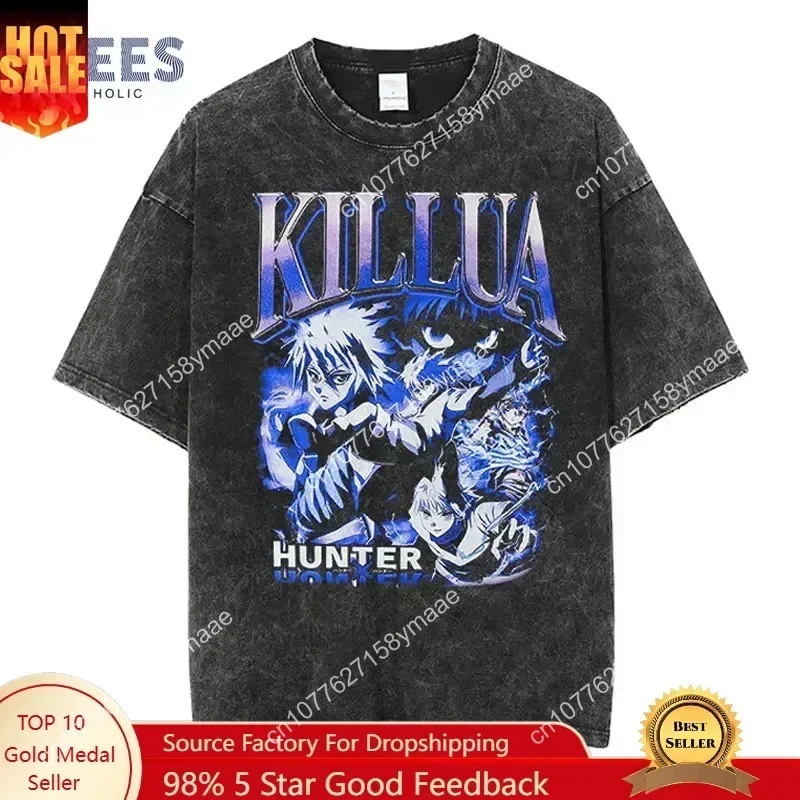 Killua Zoldyck T-shirts Men Streewear Vintage Washed Anime T Shirt Short Sleeve Harajuku Manga Phantom Troupe Tops Tees Cotton