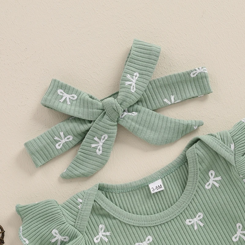 الرضع طفلة ملابس الصيف القوس طباعة قصيرة الأكمام رومبير + شورت الخصر المرن + عقال 3 قطع مجموعة