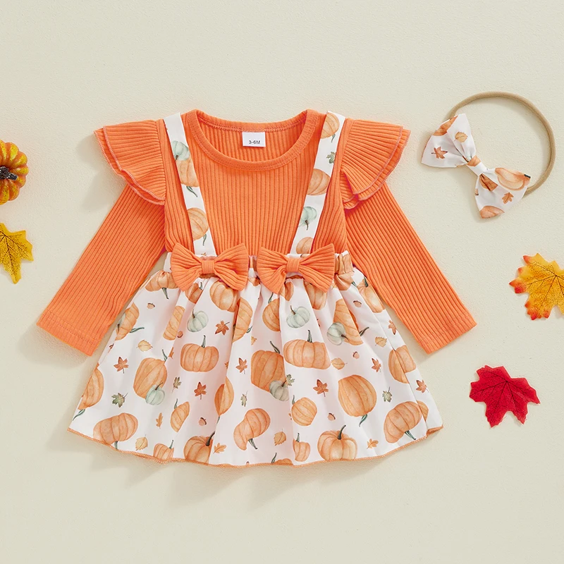 Newborn Girl Outfit, Long Sleeve Crew Neck Pumpkin Ghost Print Patchwork Romper Dress with Headband Halloween Clothes