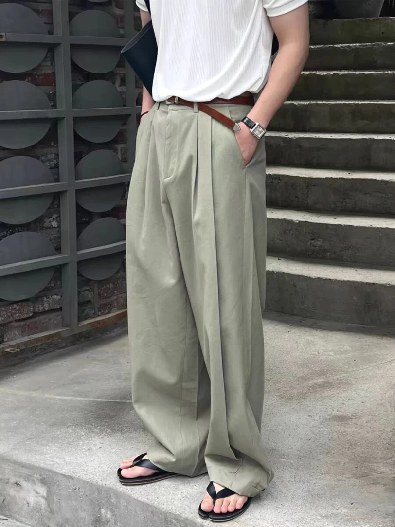 

Korean Sle Luxury Cotton Linen Men's Wide Leg Pants Double Pleat Design Loose Fit Casual Workwear Long Trousers