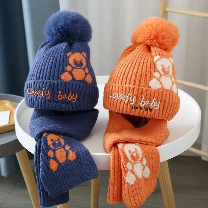 2Pcs Set Kids Winter Knitted Hat Scarf Cute Bear Jacquard Pom Pom Beanie Thick Warm Outdoor Beanies Hats 3-5 Years Old