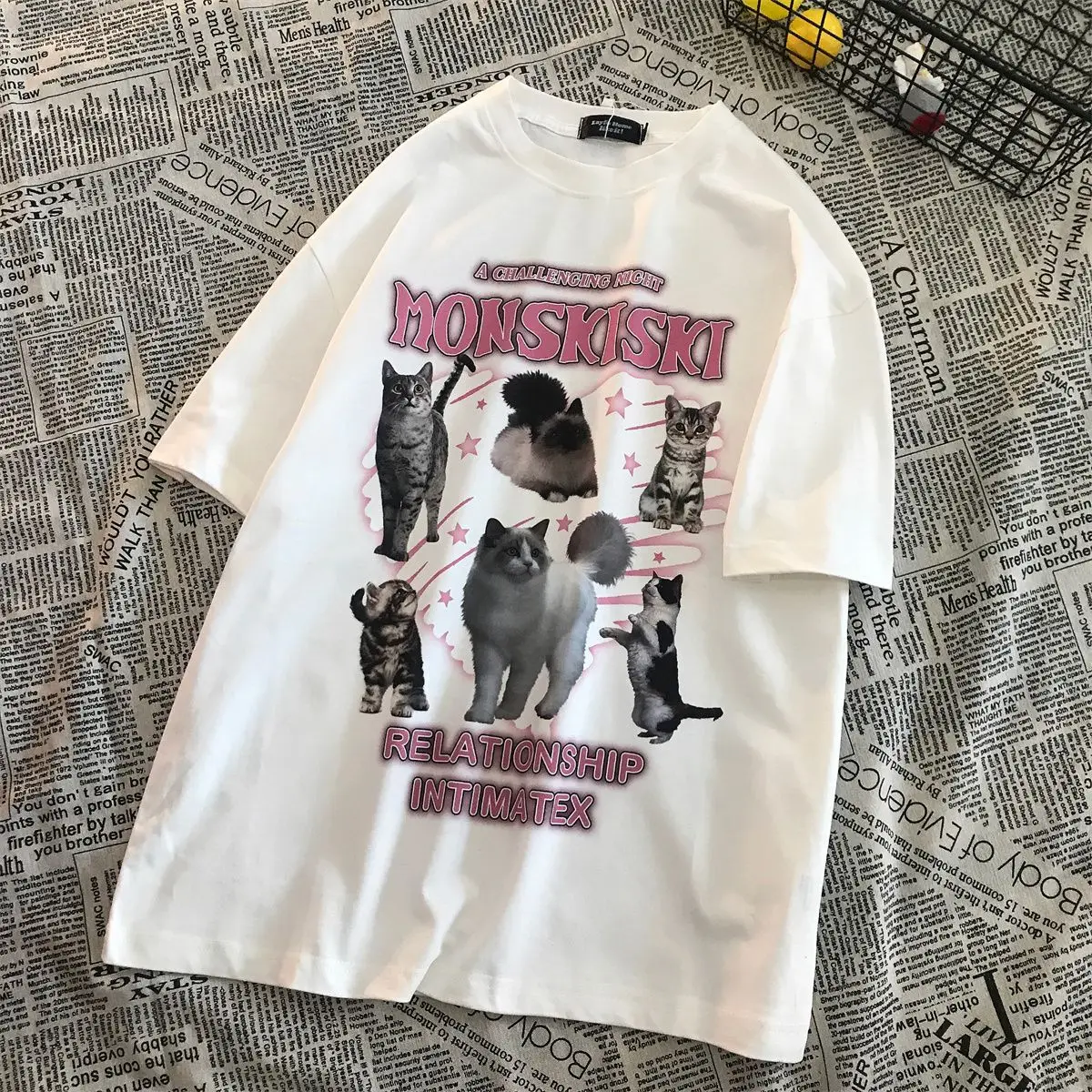 Camiseta con estampado de gato para mujer, camiseta de manga corta estética, ropa de calle holgada de gran tamaño, Top coreano para mujer