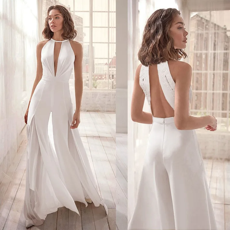 

Белые/черные комбинезоны с открытой спиной и воротником-халтер для женщин, элегантные комбинезоны с кружевной отделкой и широкими штанинами, для свадьбы, подружек невесты, вечерних мероприятий, выпускных вечеров