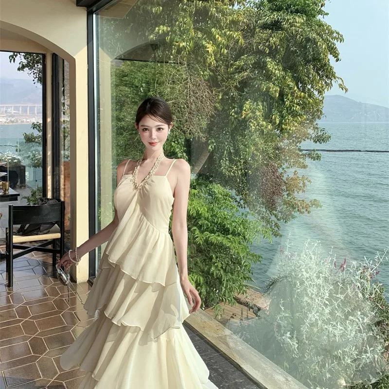 Style français doux Style col licou robe 2025 été bord de mer vacances multicouche à volants ourlet Boho longue robe de plage