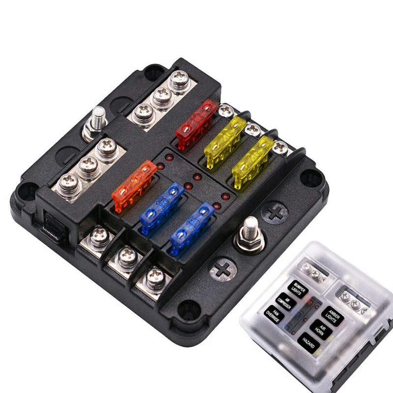 

12 Volt Fuse Block Waterproof 6 Way Fuse Box with 6 Ground Negative Busbar for Automotive LED Indicator for Car Golf Cart Boat