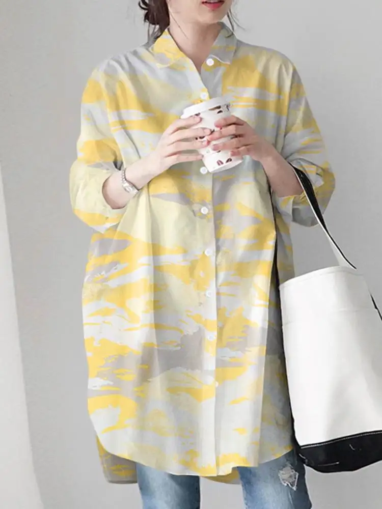 2024 Spring Printed Blouses Long Sleeve Lapel Blusas ZANZEA Stylish Women Shirts Casual Loose Chemise Irregular Tops Oversize