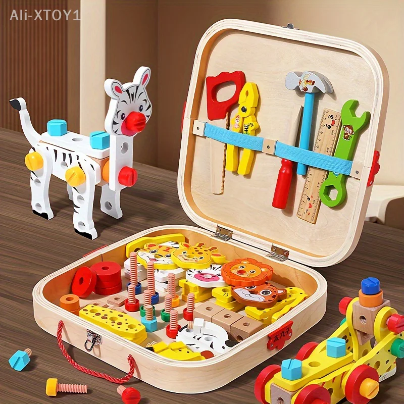 Boîte à outils éducative pour enfants, démontage d'écrou à vis, blocs de construction en bois pour garçons et filles, boîte de rangement Portable