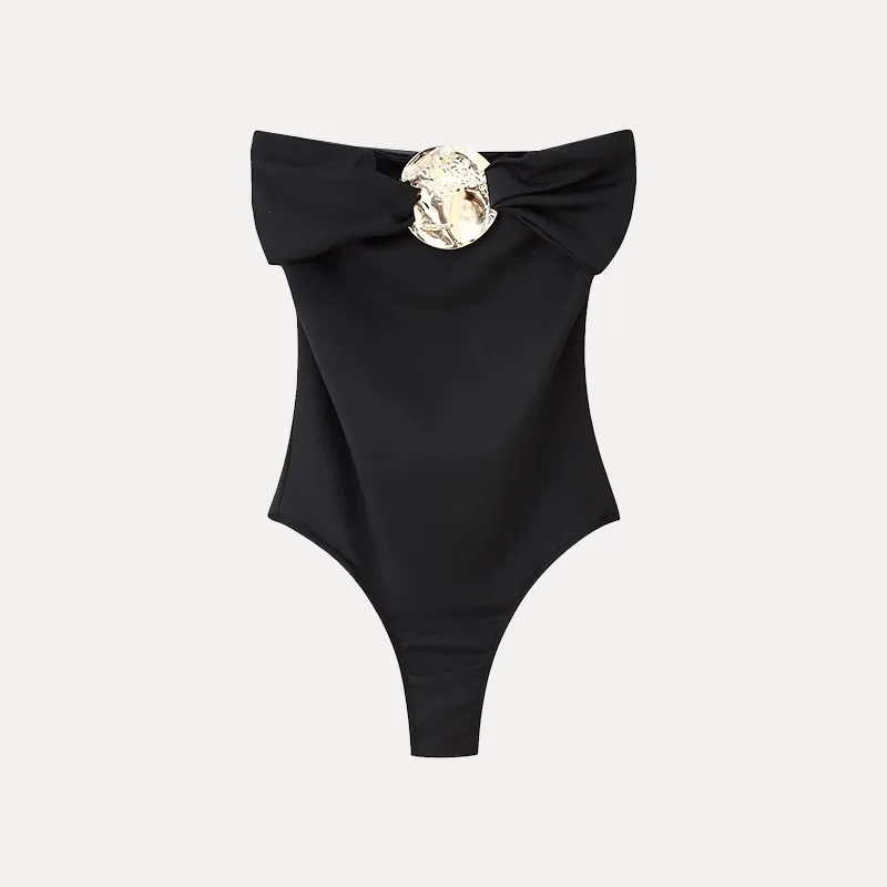 Primavera 2025 feminino envoltório peito sle maiô metal embelezado um ombro cintura alta ort calças de fibra poliéster rua sle