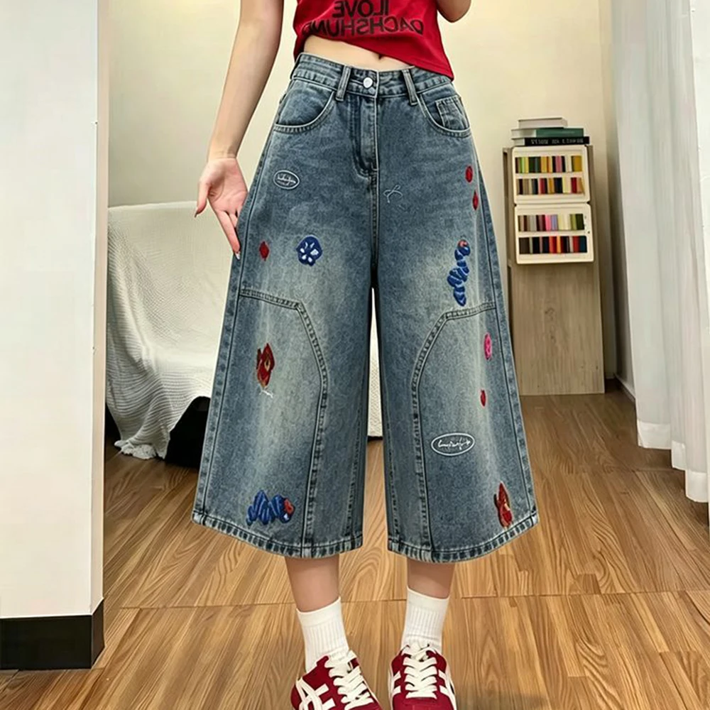 Large Size Bf Lazy Wind High Waist Cropped Pants Jeans Women's 2026 Summer New Retro Loose Embroidered Wide-leg Pants