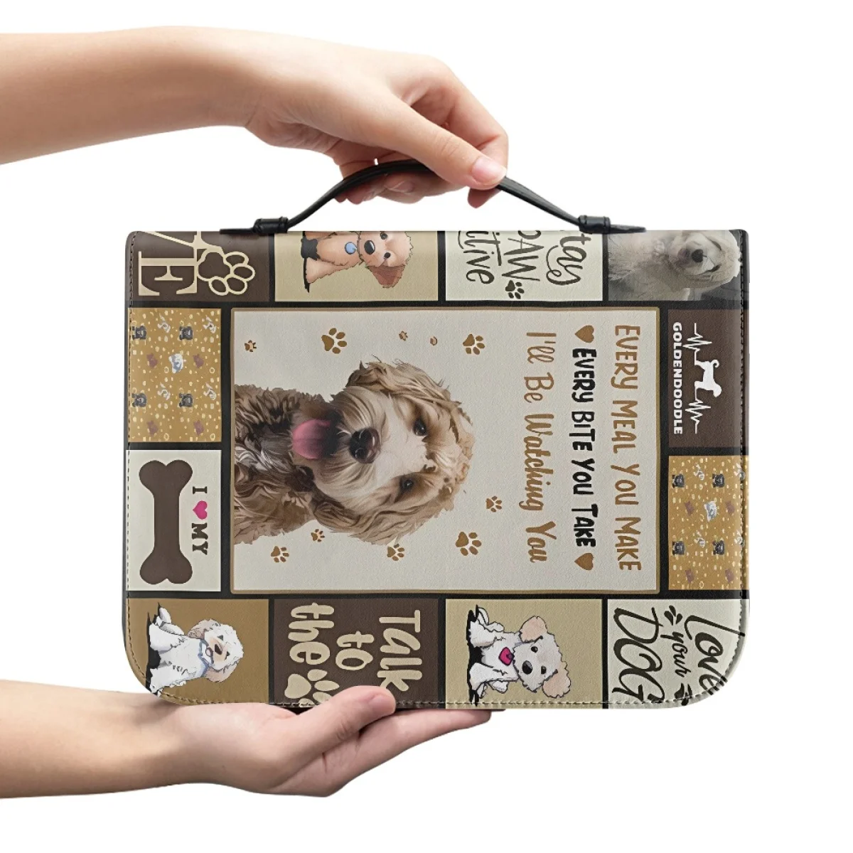 Women's Leather Handbag Zippered Cute Teddy Dog Blessing Words Design Handle Bible Storage Bags Bible Carrying Case Custom Gift