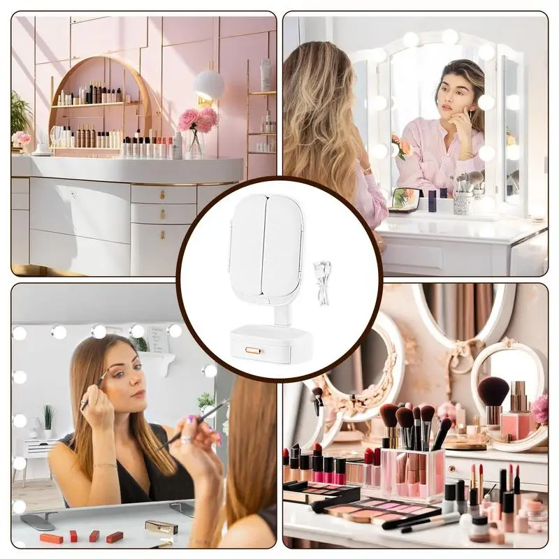 Opvouwbare Make-Up Spiegel Van Hoge Kwaliteit Draagbare Desktop Spiegel 3 Kleuren Verlichtingsmodus Vrouwen Effen Kleur Staande Make-Up Spiegel