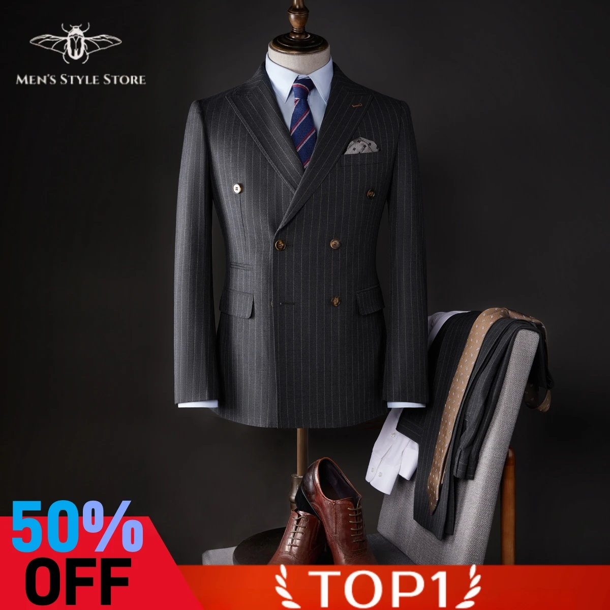 

2025 New Men's Double-Breasted Grey Striped Suit 2-Piece - Formal Business Wedding Blazer & Trousers Set for Gentleman
