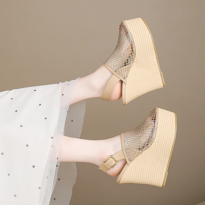 2026 Summer New Mesh Diamond-encrusted Design Breathable Platform Sandals Women's Hollow Breathable Non-slip Baotou Sandals