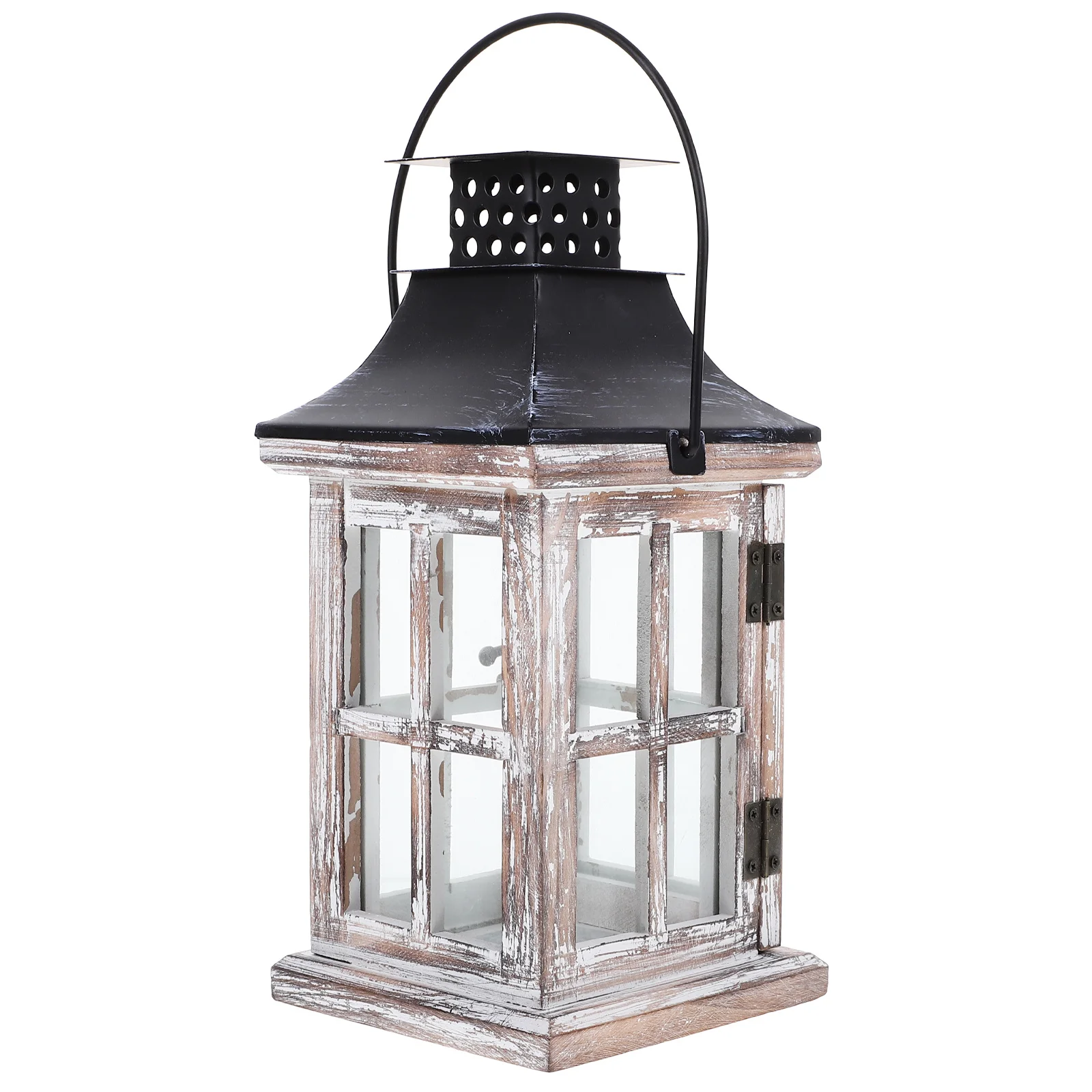 

Vintage Wooden Lantern Holder with Iron and Glass Construction Sturdy Romantic Stand for Indoor Outdoor Wedding