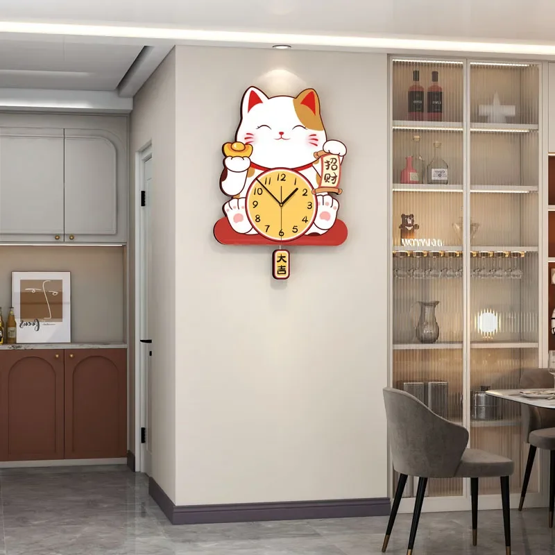 Cute Lucky Cat Wall Clock Creative Advanced Sense Wall Hanging for Household Entrance Background Decoration for Living Room
