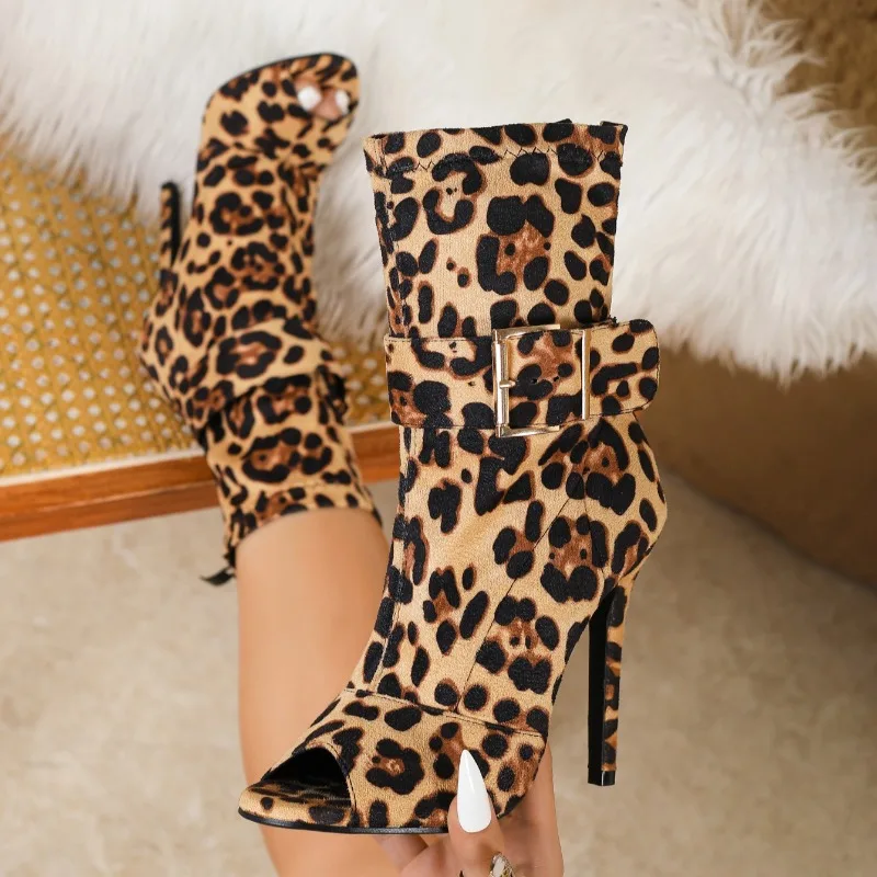 

Eilyken Designer Sexy Zipper Stiletto Heels Peep Toe Leopard Print Women Boots Sandals Buckle Spring Dance Shoes Botas de mujer