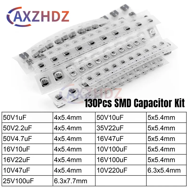 

130PCS 4.7uF-220uF SMD Aluminum Electrolytic Capacitor Assorted Kit 10/16/25/35/50V 13values*10pcs Capacitance Samples Set