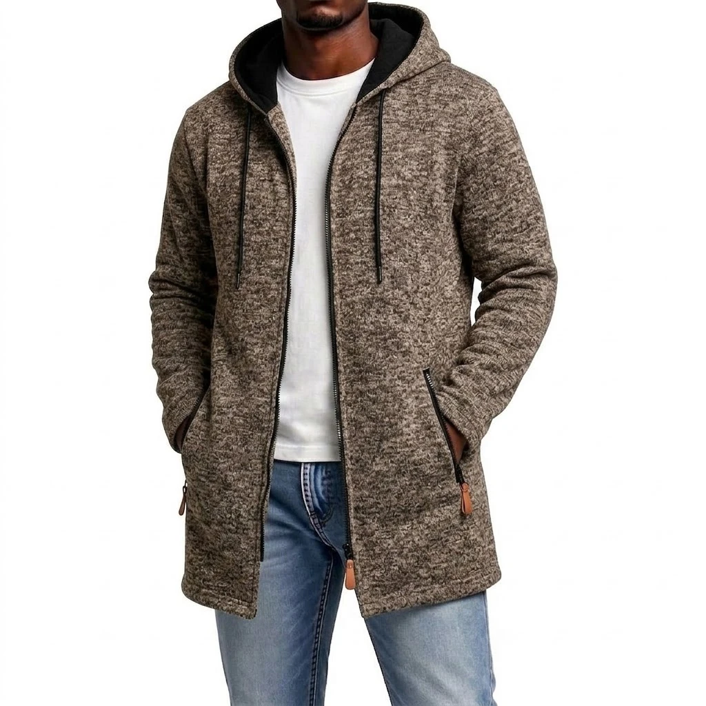 Neuer Herren-Hoodie mit Reißverschluss, lässiger mittellanger Sweatshirt-Fleece-Mantel, warmer Winter-Kapuzenmantel mit Reißverschlusstaschen. – Detail 12