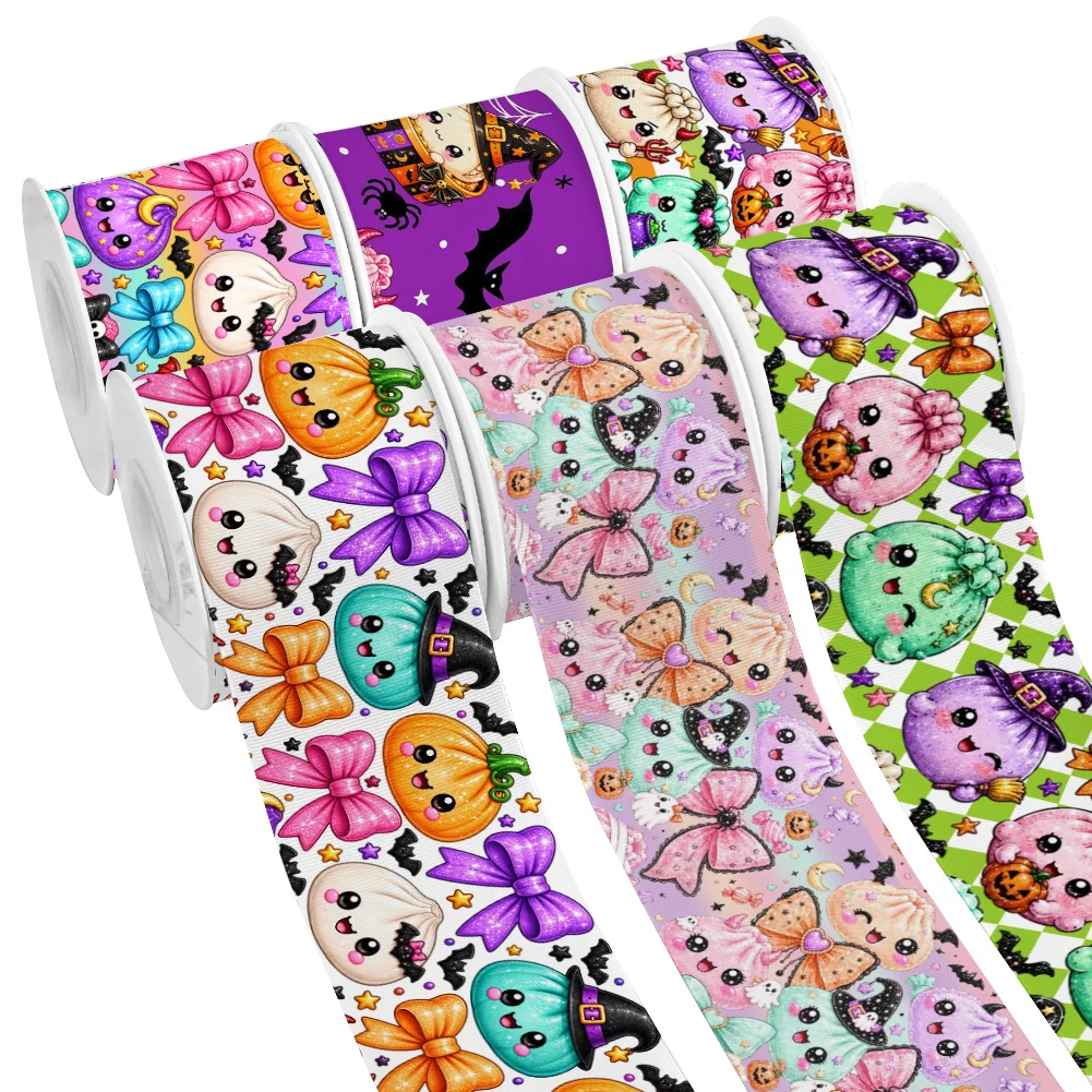 Halloween Cartoon Bao 5yards Buns Dumplings Printed Grosgrain Ribbon for Cheer Bows DIY Girl Headwear Hair Bows Satin Ribbon