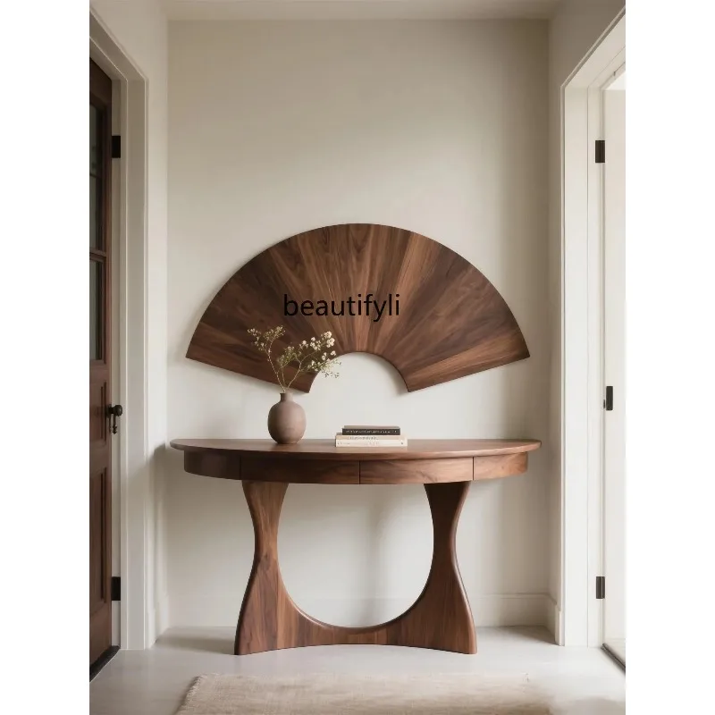 D2520 Новый китайский стиль Североамериканский черный орех Полукруглый стол для прихожей Минималистичный консольный столик Кабина для прихожей из цельного дерева