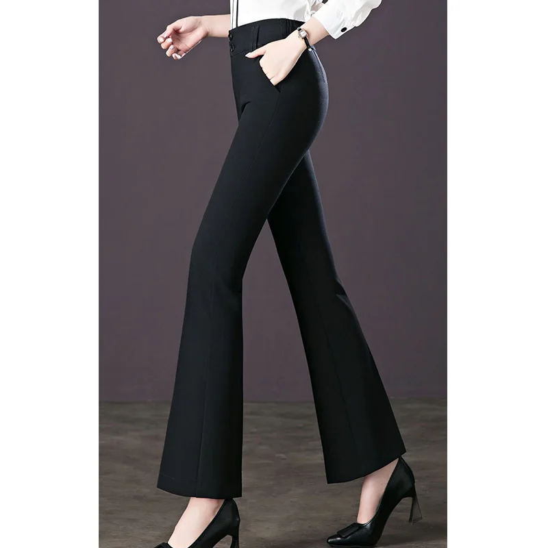 New 2023 Spring Summer Womens Button Pockets Black Versatile Trousers Office Lady Splicing Zipper High Waist Micro Horn Pants