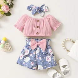 女の赤ちゃんのための夏服,ピンクのトップ,リボンでプリントされた青いショーツ,2ピースのセット,ファッショナブルな服