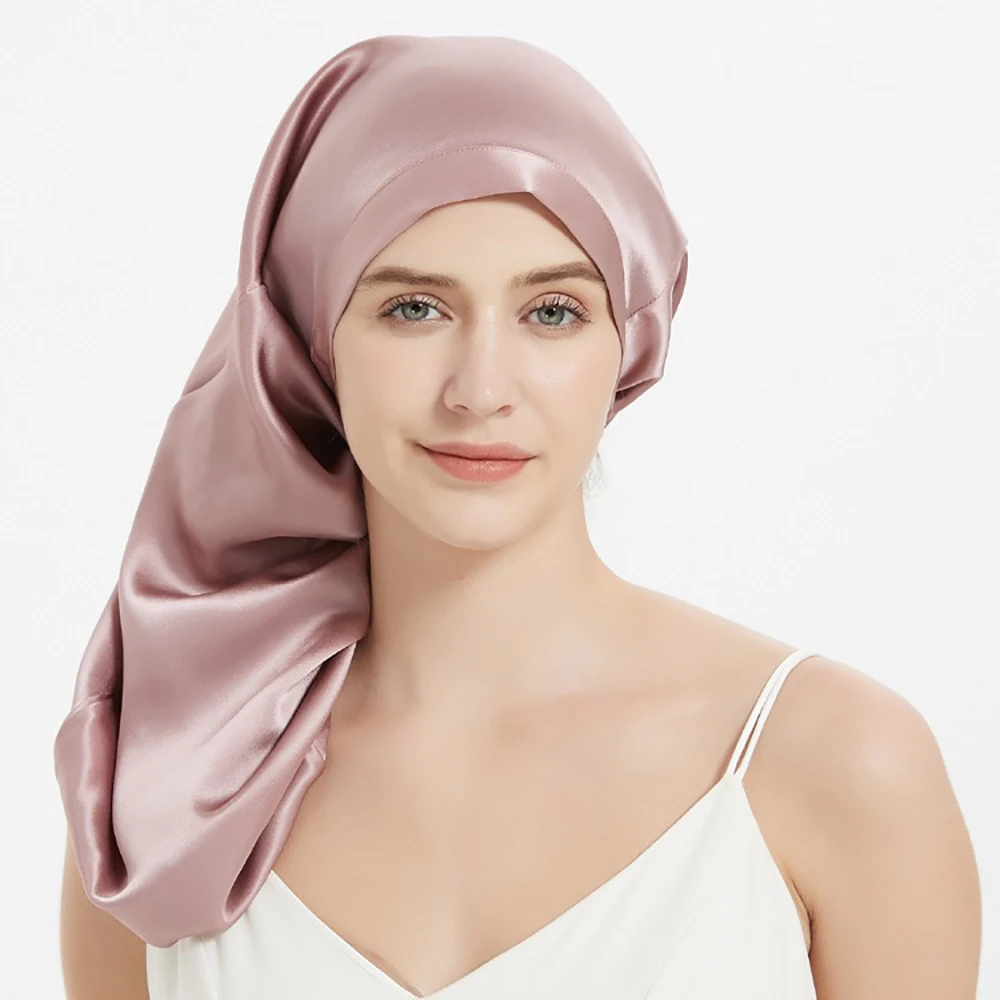 

100% Pure Mulberry Silk Bonnet Sleep Hair Cap Long Bonnets Elastics Hair Bands Adjustable Straps for Women Long Curly Headwrap