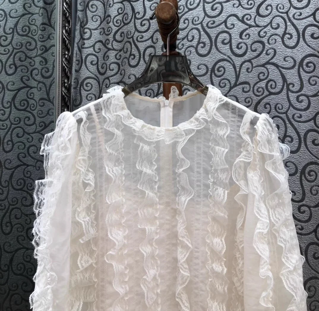 เสื้อเบลาส์คุณภาพสูง ดีไซน์ใหม่ ปี 2026 สไตล์ฤดูใบไม้ผลิ-ฤดูร้อน สำหรับผู้หญิง แต่งระบายลูกไม้ลายดอกไม้ ผ้าไหมผสมคอตตอน แขนยาว