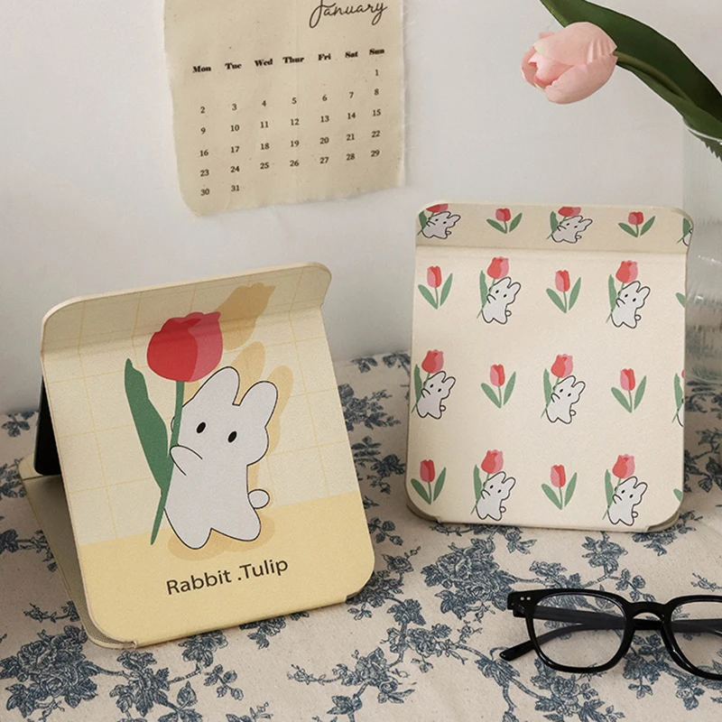 花柄のPUレザーミラー,ポータブル,ハンドヘルド,折りたたみ式,コンパクト,かわいい,学生用ポケットミラー