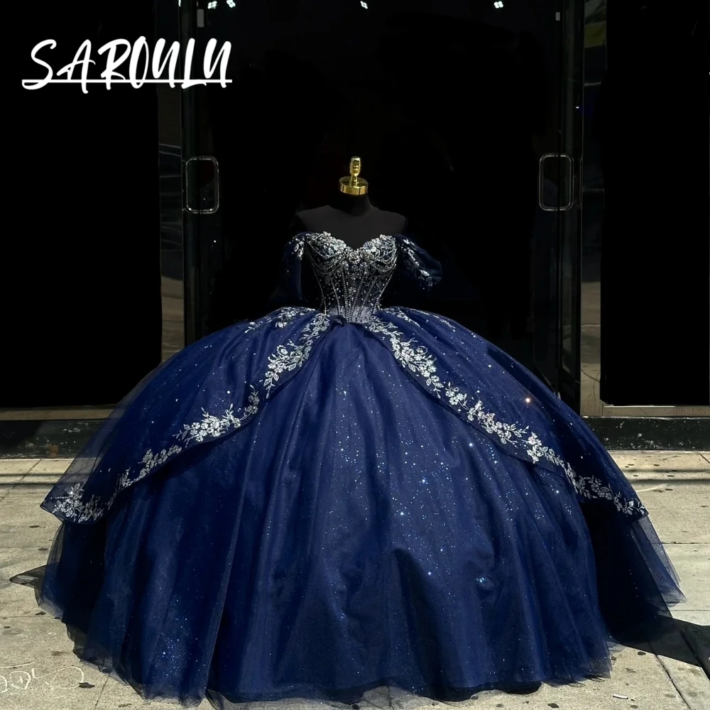 

Navy Blue Quinceanera Dress Off Shoulder Ball Gown Sparkly Sequin Embroidery Sweet 16 Adult Ceremony Prom Gown With Big Bow