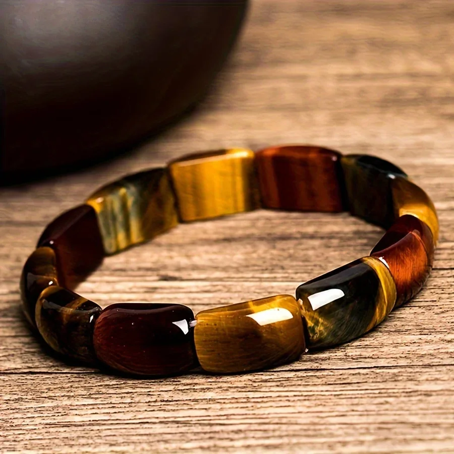 

1pc Yuyekai Boho Ojo Tigre Natural y Pulsera de cuentas Bambú, Bangle piedra energía elástico para hombres y mujeres