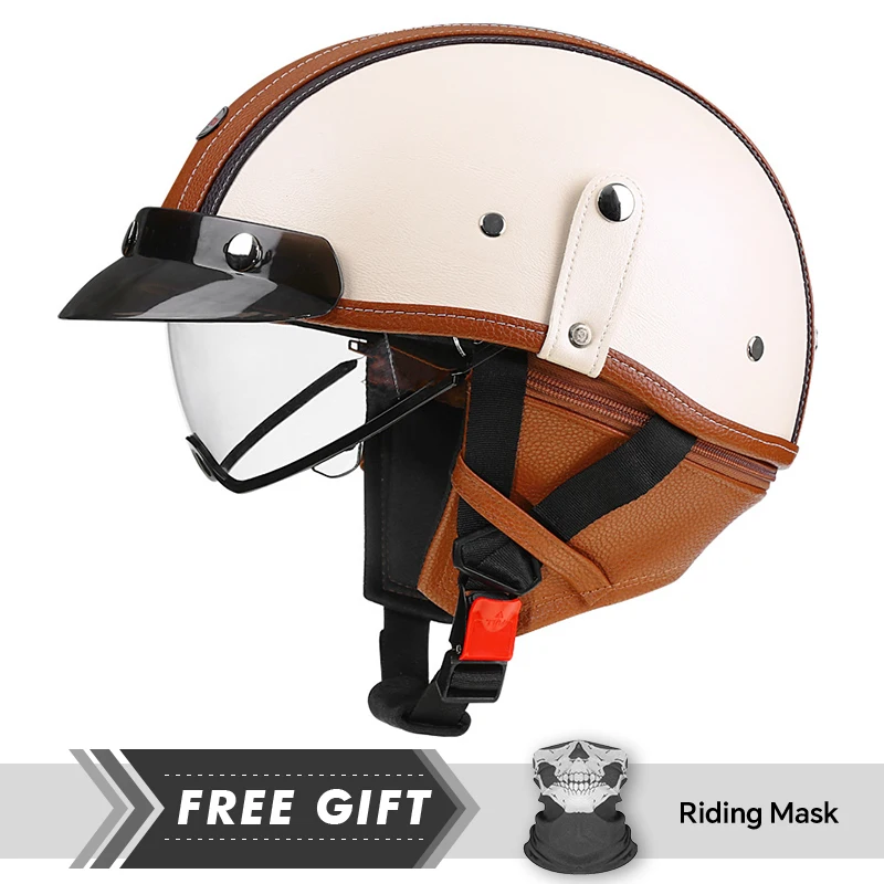 Leather Half Face Helmet Motorcycle Helmet Men Women Adult 1/2 Half Helmet DOT Approved Retro Vintage Low Profile Open Half Helm