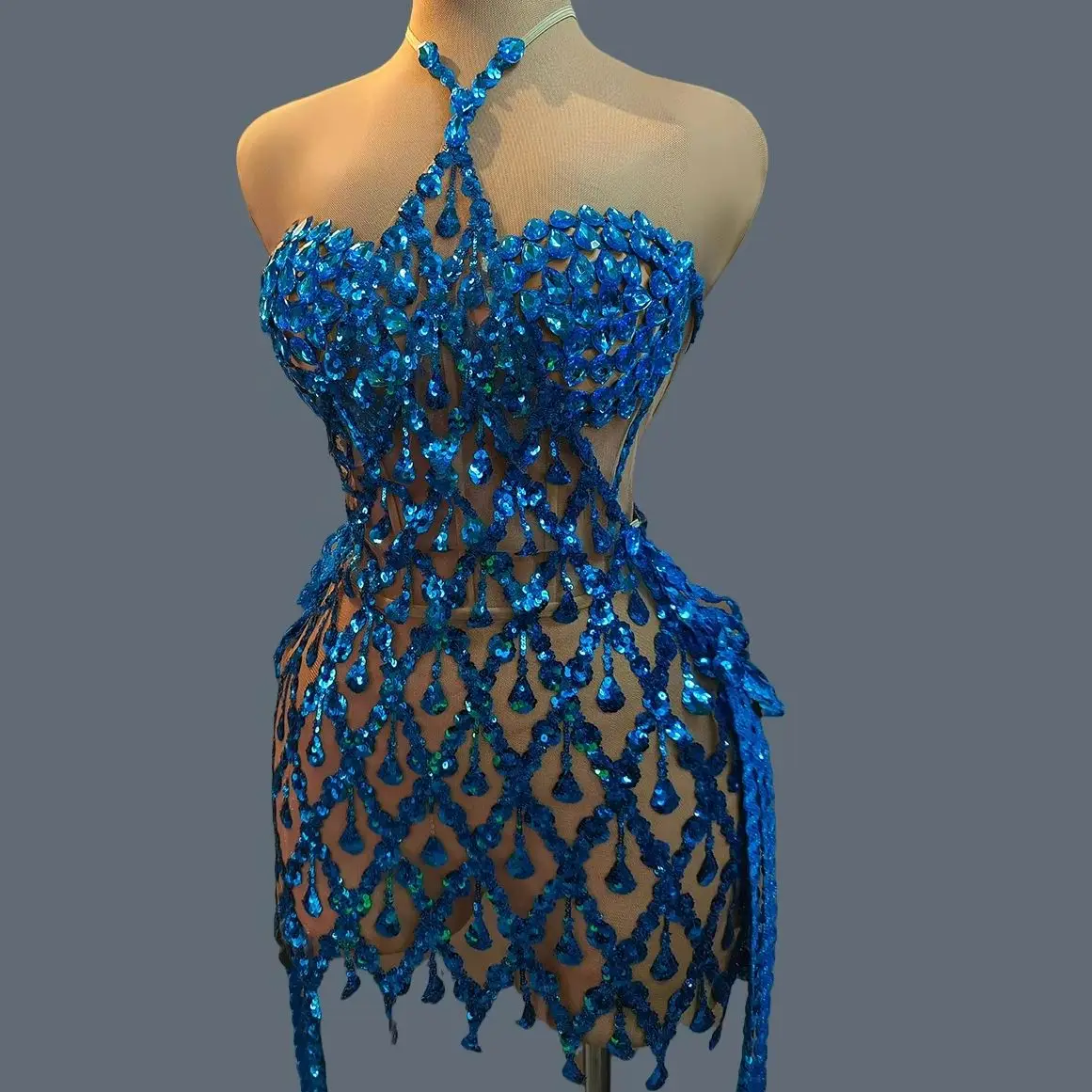 

Sparkly Blue Rhinestone Crop Tops Mini Dress 2Pieces Set Halter Bandage Sexy Off shoulder Dress Birthday Party Hot Girls Cuiniao