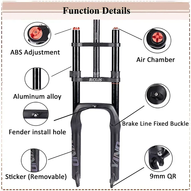 BUCKLOS Sonw Bike Air Suspension Fork 20*4.0 Inch Beach Bicycle Fork Double Shoulder MTB Fat Bike Fork with 9*135mm Cycling Part