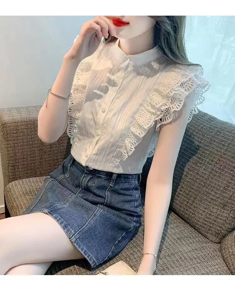 French Ruffle Edge Flying Sleeves White Top Women\'s Summer New Unique Short Sleeves Elegant Chiffon Shirt polo shirts for women