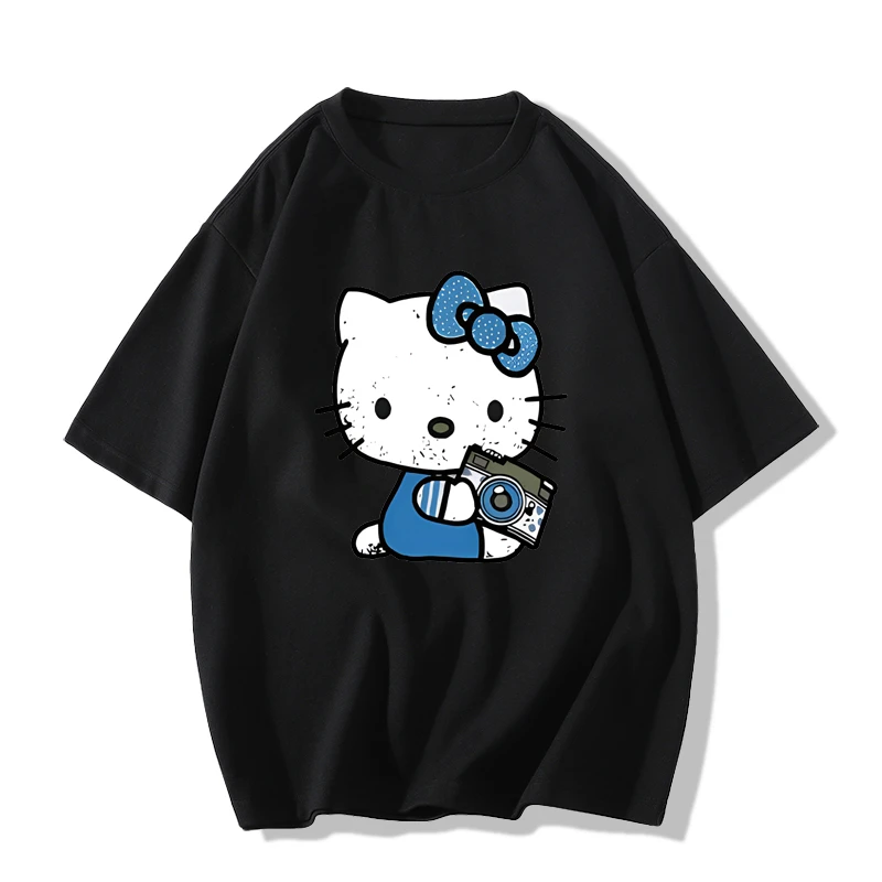 Women's Hello Kitty Earphone T-shirt, Fun Round Neck Cotton T-shirt, Fashion Harajuku Printed T-shirt, Pattern Clothing T-shirt