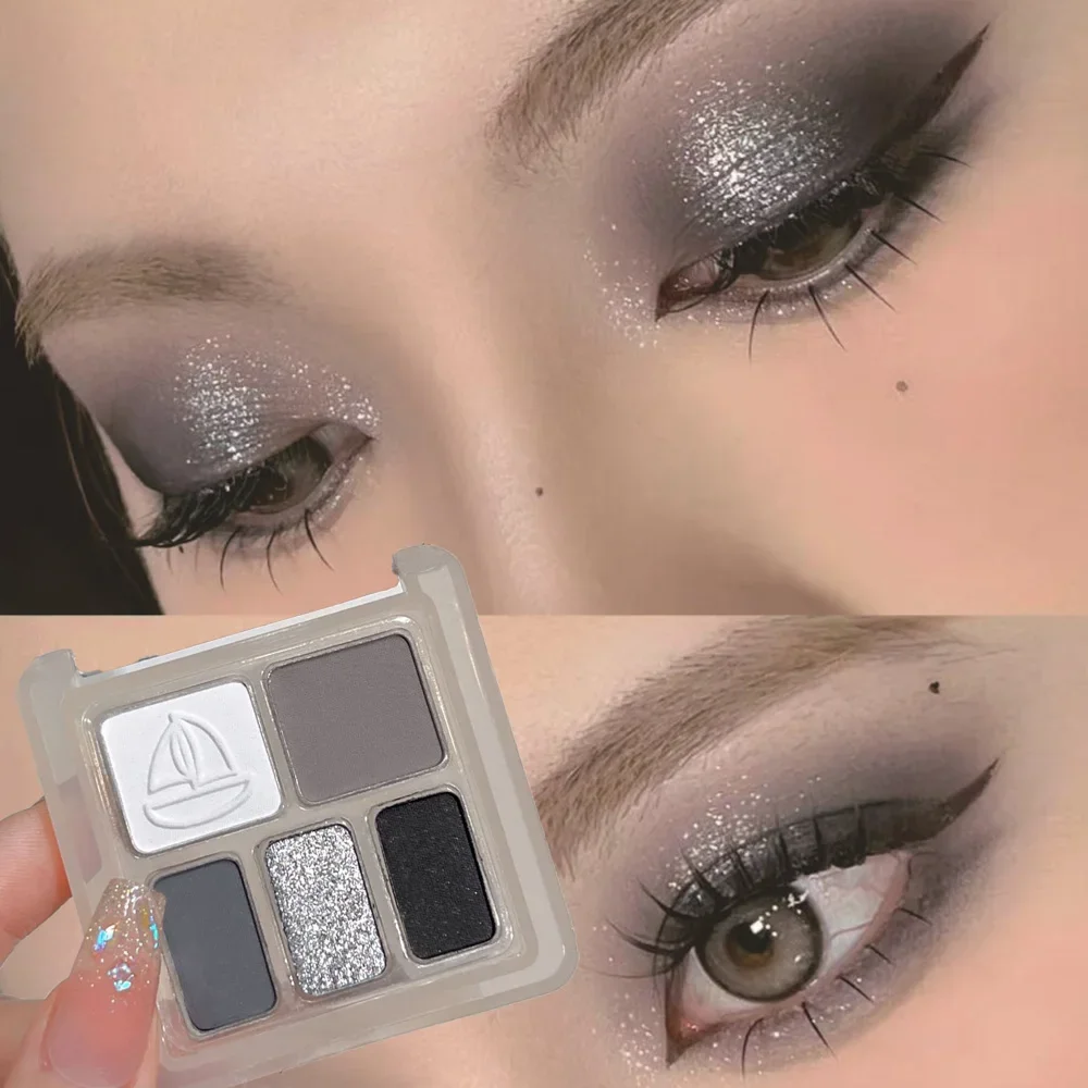 5color Shiny Silver Gray Black Eyeshadow Palette Waterproof Easy Coloring Milk Taro Purple Pink Glitter Eyeshadow Makeup Palette