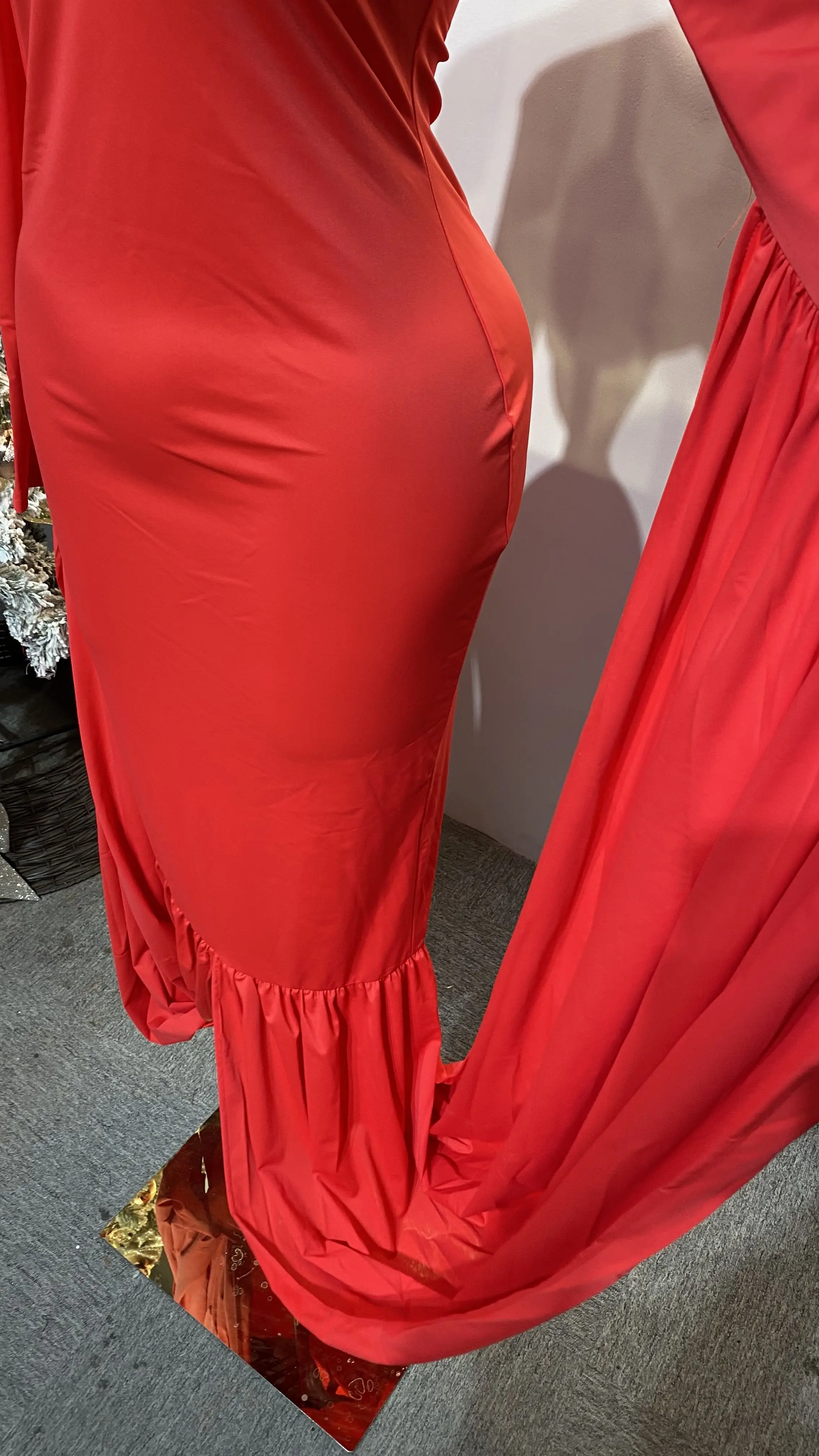 Fashionable French-style high-neck patchwork red maxi dress, chic evening wear, elegant long-sleeved dress-GZXX157