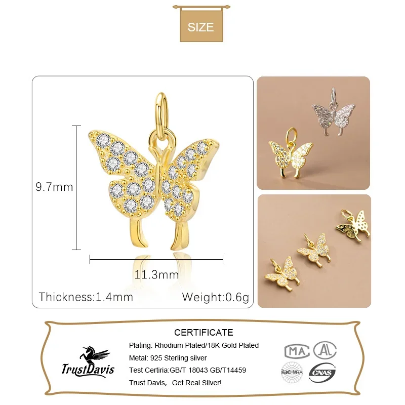 TrustDavis Real 925 Sterling Silver Fashion Sweet Butterfly Zircon Charm Pendant Handmade DIY Accessories Fine Jewelry HY301