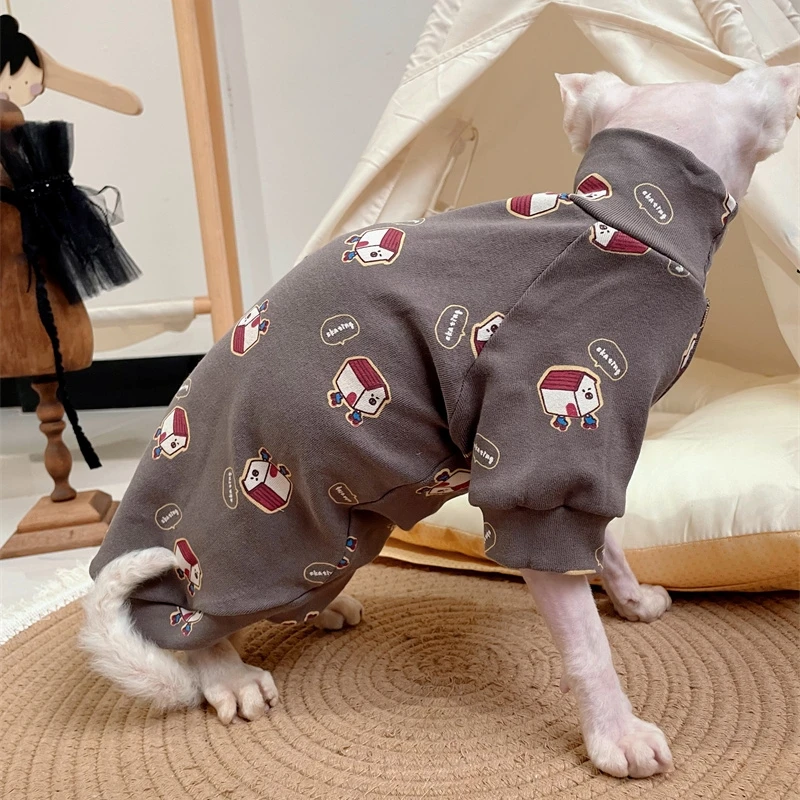 Cotton Coat for Sphynx Cat in Spring Autumn Soft Cartoon Jumpsuit Coffee Sweatshirt for Kittens T-shirt elestic For Devon Rex