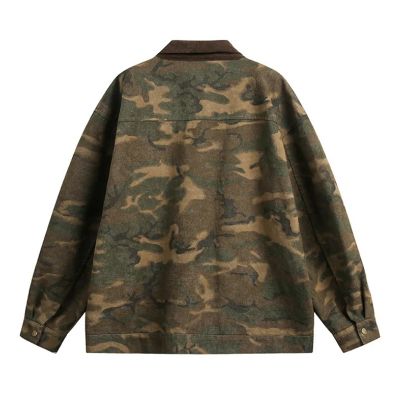 Contrast Collar Workwear Camo Jacket Men Oversize Vintage Camouflage Pattern Loose Coat 100% Cotton