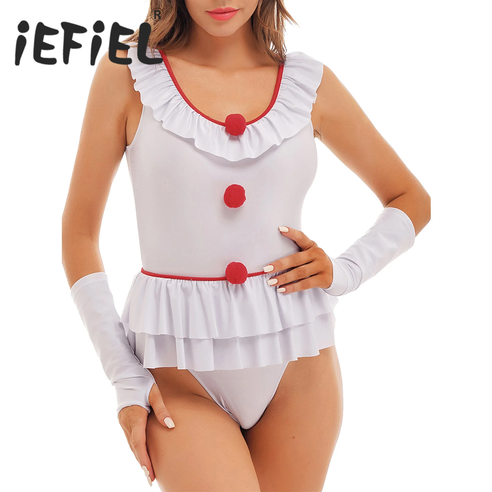 ผู้หญิง Clown เซ็กซี่เครื่องแต่งกายฮาโลวีนคอสเพลย์ Leotard ปาร์ตี้ Roleplay ชุดนอนแขนกุด Ruffled Bodysuit ถุงมือชุด